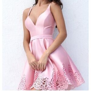 Sherri Hill eyelet lace satin coquette pink plunge neck prom homecoming dress